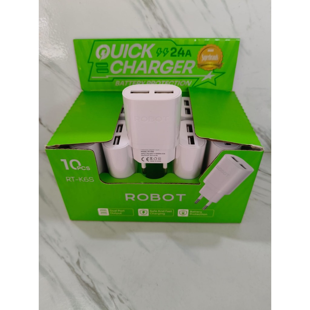GG ROBOT RT K6S BATOK CHARGER / HEAD CHARGER ADAPTER 2.4A DUAL USB INPUT RT-K6S สีขาว