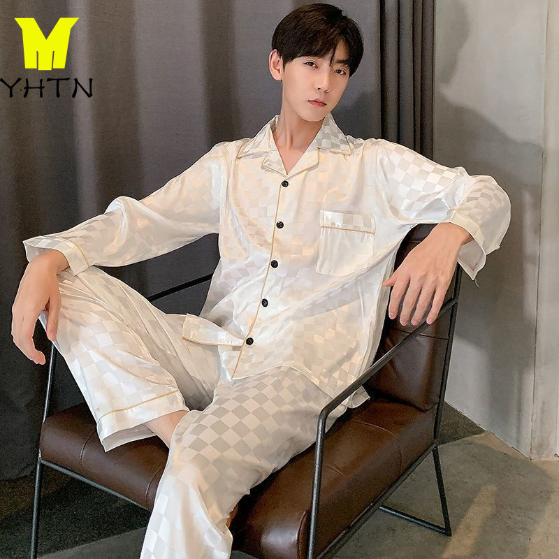 YHTN ชุดนอนชาย ผ้ายืด สีพื้น ชุดนอนผู้ชาย บางๆ ใส่สบาย ผ้าซาตินผู้ชาย เกาหลี ชุดนอนผู้ชายแขนยาว ไซส์ใหญ่ ราคาถูก