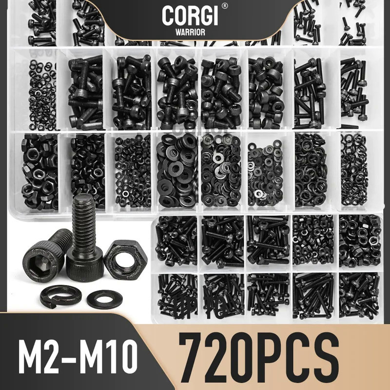 Up to 720 M2 M2.5 M3 M4 M5 M6 M8 M10 Metric Hex Socket Head Cap Screws Assortment Kit DIN912 Black 1