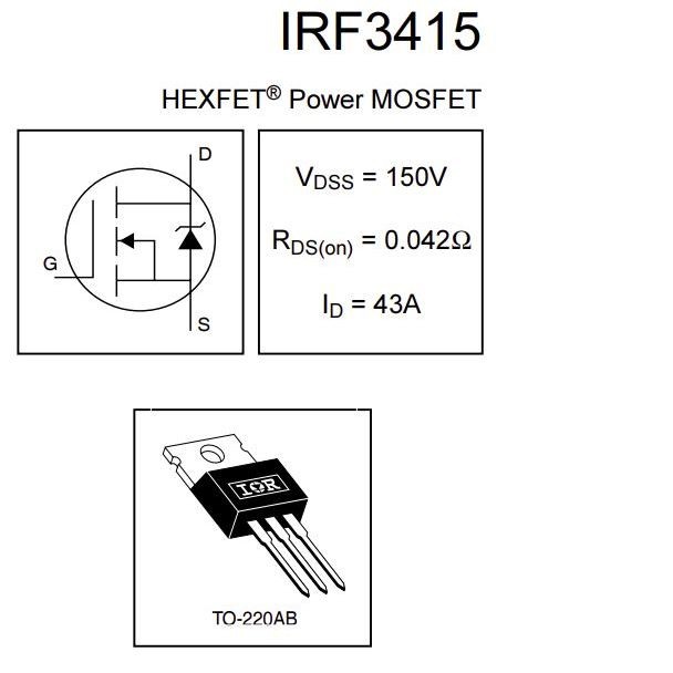 มอสเฟต IRF3415PBF IRF3415 (จำนวน 10ชิ้น) 150V 43A 200W TO-220 IR/INFINEON/VISHAY ของแท้