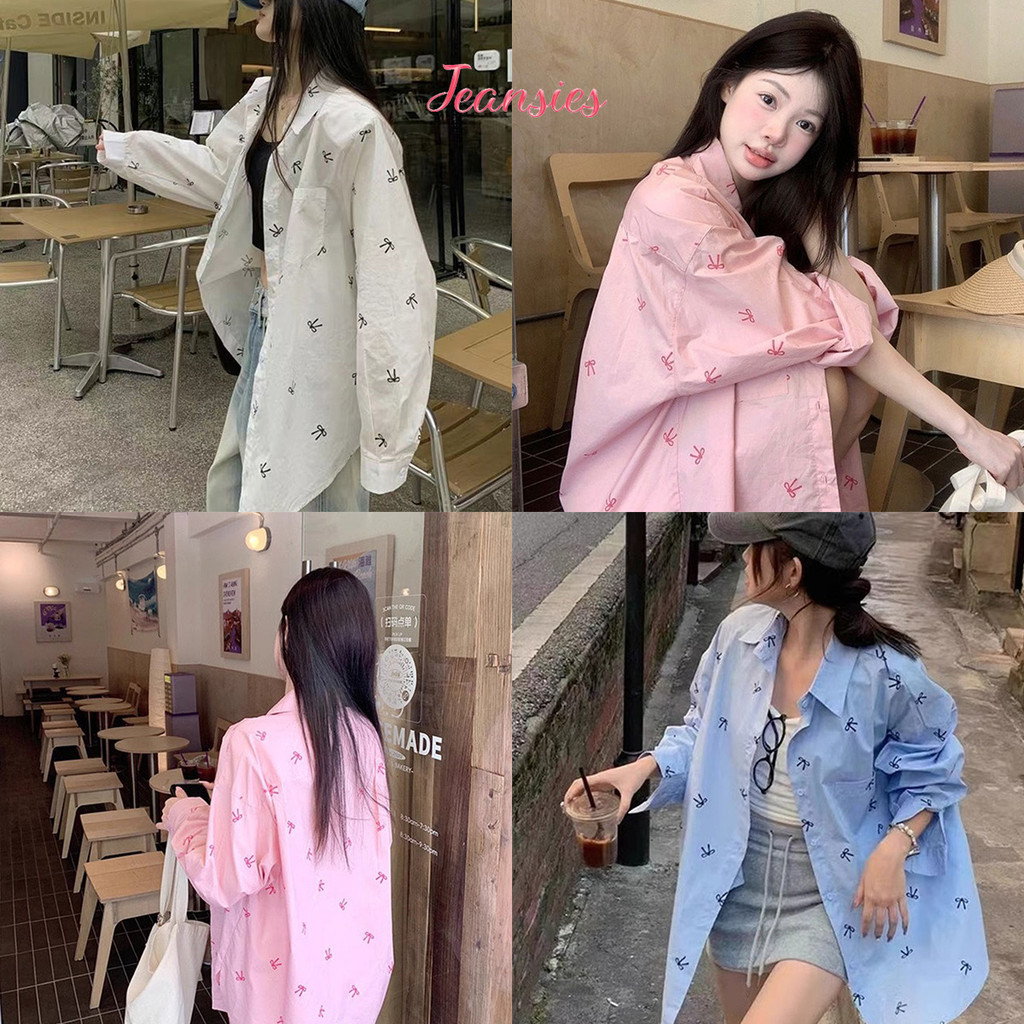 เสื้อเชิ้ตลายพิมพ์สีชมพู แขนยาวโบว์หน้า สไตล์หวาน