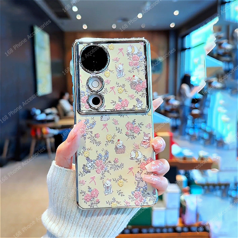เคส Vivo V40 เคส Vivo V40 Pro กันกระแทก ลายกระต่ายน่ารัก ดอกไม้สีชมพู พร้อมสายคล้องโทรศัพท์และกำไล เคสนิ่มสำหรับสาวๆ นักเรียน และสุภาพสตรี