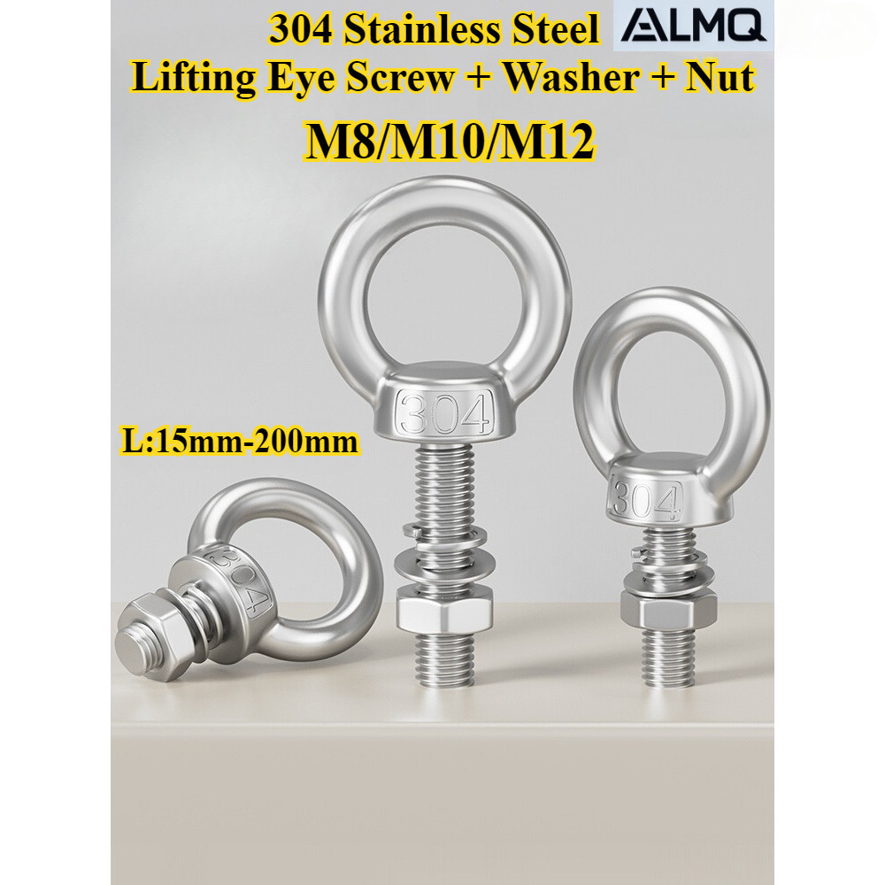 [LMQ-DHLS] 304 Stainless Steel, Lifting Eye Screw + Washer + Nut ชุดสี่ชิ้น, M8/M10/M12, Round Eye Bolt + Nut, ความยาว 15mm-200mm สกรูตะขอแหวน