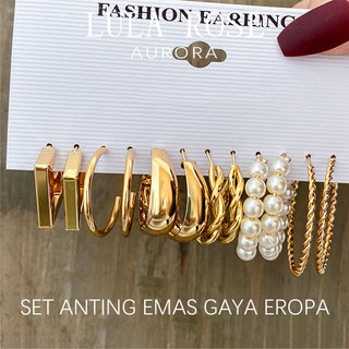 LULA ROSE Set Anting Emas Wanita Model Hoop & Mutiara Gaya Eropa Fashion Korea