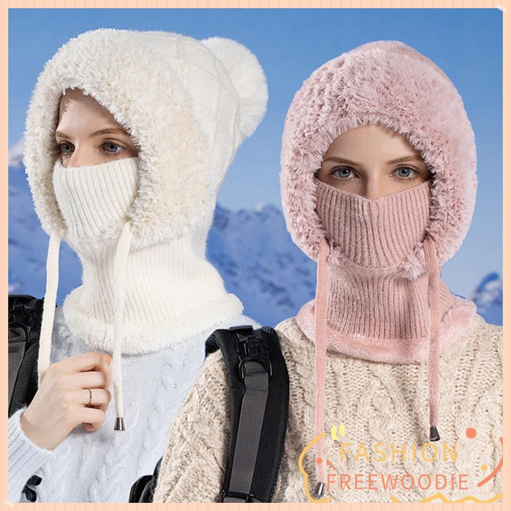FREEWOODIE หมวกไหมพรม, ป้องกันหูปุยถักหมวกทําด้วยผ้าขนสัตว์, แฟชั่น Comforable ฤดูหนาวคออบอุ่นแบบบูรณาการหมวกคลุมด้วยผ้าผู้หญิง