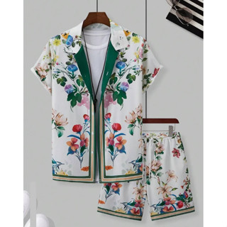 เสื้อฮาวายชุดผู้ชาย 3ง พิมพ์สีฟ้าและสีขาวลายพอร์ซเลนฤดูร้อนแ…