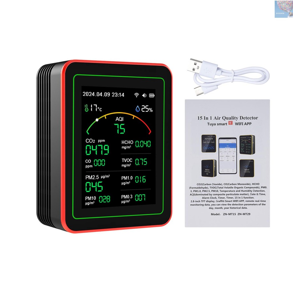 Doubth 15-in-1 Air Quality Monitor เครื่องทดสอบคุณภาพอากาศอัจฉริยะพร้อม CO/CO2/HCHO/TVOC/AQI/PM0.3/P