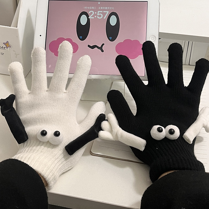 ถุงมือถักสําหรับคู่รักตลกแม่เหล็กดูดมือในถุงมือมือยืดหยุ่นตลกตาโตเต็มนิ้วถุงมือฤดูหนาว