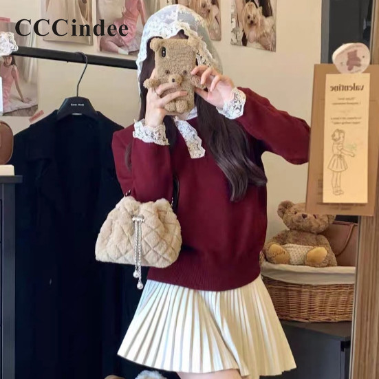 Cccindee ผู้หญิงสีทึบแขนยาว Hoodies ถักคริสต์มาส 2024 Slim Fit Lace Simply