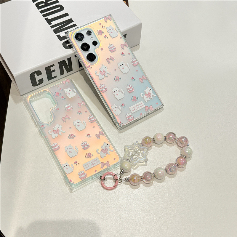 Samsung Galaxy S24ultra Floral White Cat เลเซอร์น่ารักสําหรับ s24 fe s25 ultra เคสโทรศัพท์หญิงเกาหลี