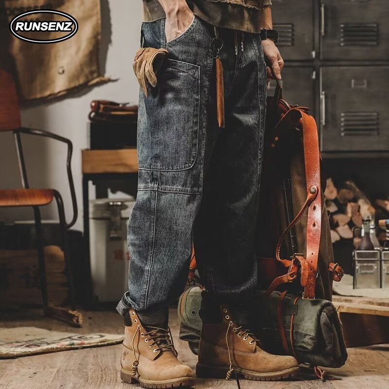 M-5xl American Retro Cargo Denim Pants Men High-end Casual Loose Straight Leg Plus Size Jeans