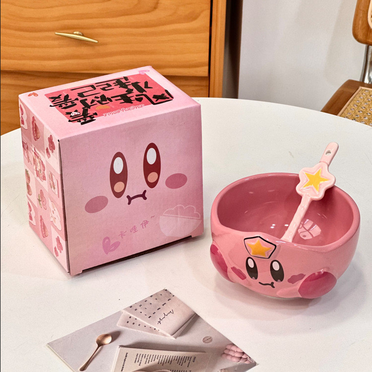 Star Kirby ชามเซรามิกพร้อมช้อนรูปการ์ตูนความจุขนาดใหญ่ของขวัญสร้างสรรค์มูลค่าสูง
