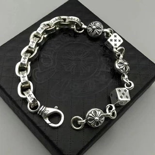 Retro Silver สร้อยข้อมือตัวอักษรที่ไม่ซ้ํากันผู้ชายผู้หญิงสไตล์คู่ Retro โซ่เงินไทย Cross Dice Cross Chain สร้อยข้อมือเครื่องประดับของขวัญ