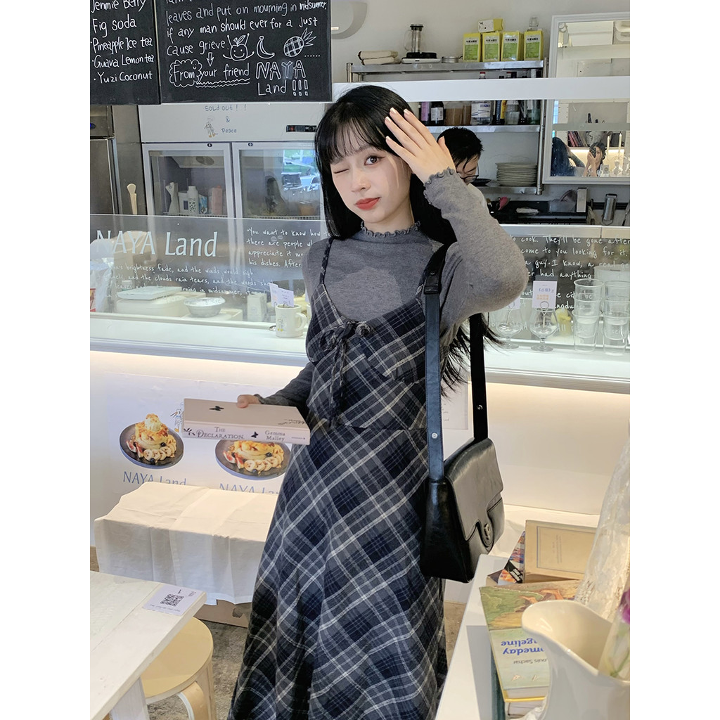 ซูซี่ ลําลองแฟชั่นฝรั่งเศสเรียบง่ายย้อนยุคลายตารางหมากรุกชุดแขวนผู้หญิง 241203