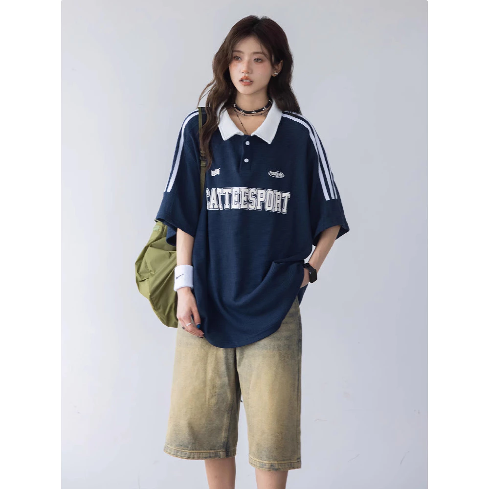 ส่งจากกรุงเทพฯ Solovely M-2XL เสอื้ผา้ผหู้ญง สไตล์เกาหลี พิมพ์ลาย แขนสั้น เสอ ลายทาง หลวมๆ เสื้อยืด โอเวอร์ไซส์ เสื้อโปโล