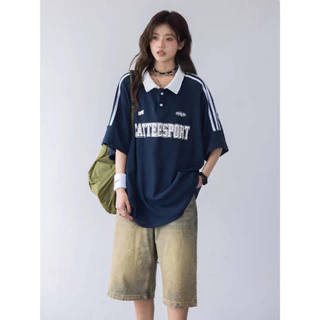 ส่งจากกรุงเทพฯ Solovely M-2XL เสอื้ผา้ผหู้ญง สไตล์เกาหลี พิมพ์ลาย แขนสั้น เสอ ลายทาง หลวมๆ เสื้อยืด โอเวอร์ไซส์ เสื้อโปโล