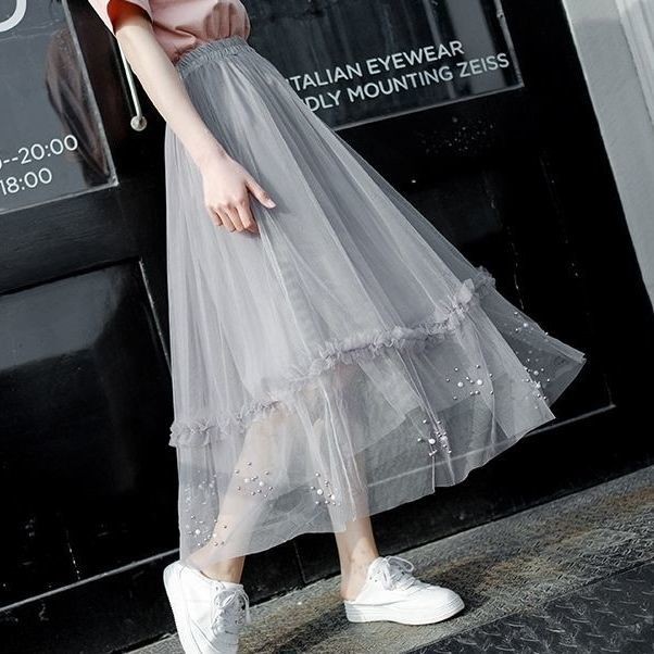 Super Fairy กระโปรงผู้หญิง 2024 กระโปรงตาข่าย Over-the-Knee กระโปรงยาว a-Line กระโปรงผ้าม่านเอวสูงฤด