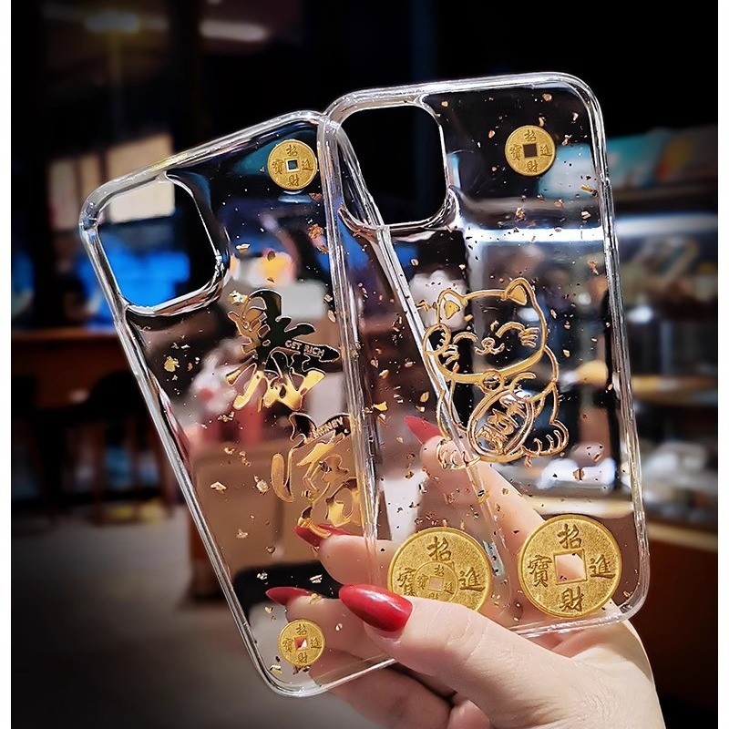 อีพ็อกซี่ฟอยล์สีทองรวยรวยเคสมือถือแมวนำโชคเหมาะสำหรับ iphone16 14 15PROMAX Apple 13 12 11PROMAX 7/8 x เคสป้องกันด้วยมือ