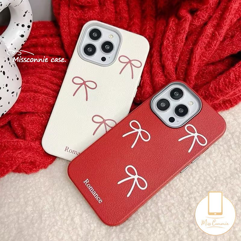 Romance แฟชั่นน่ารักสีแดง Bow Knot เคสโทรศัพท์สําหรับ IPhone 15 16 11 XR 13 14 12 Pro Max 16 14 15 Plus X XS Max คู่หรูหราหนังเนื้อนุ่มกรณี