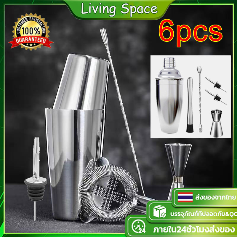 【จัดส่งทันที】 6PCS/Boston Shaker Set สแตนเลสเครื่องดื่มผสมบาร์เทนเดอร์ชุด Martini ไวน์ค็อกเทลเชคเกอร์ปาร์ตี้อุปกรณ์บาร