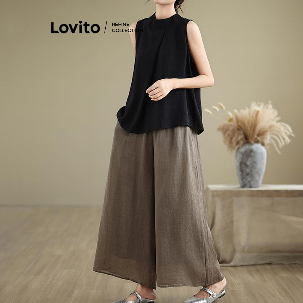 Lovito เสื้อแขนกุดผู้หญิง เบสิก สีพื้น สไตล์หรูหรา LNE77744