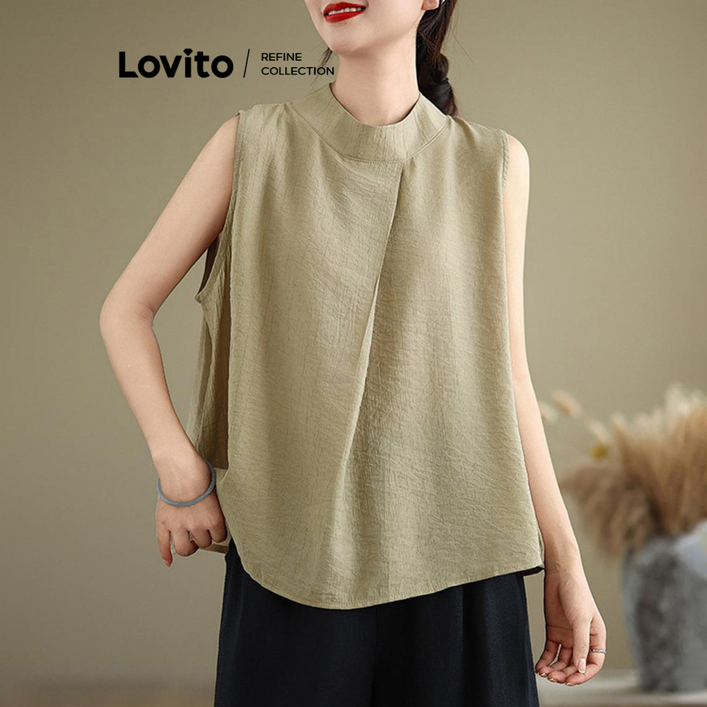 Lovito เสื้อแขนกุดผู้หญิง เบสิก สีพื้น สไตล์หรูหรา LNE77744