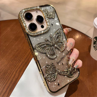 เคสโทรศัพท์ผีเสื้อแวววาวสําหรับ iPhone 16 Pro Max หรูหรา Bling เพชรปลอกชุบโปร่งใสสําหรับ iPhone 13 11 12 14 15 Pro Max Plus ปกอ่อน