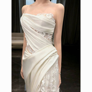 ชุดแต่งงานเกาะอกบางเบา ชุดนางเงือกผ้าซาตินฝรั่งเศส