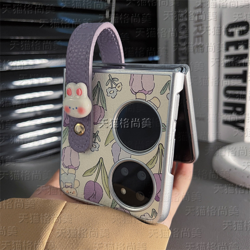 SAMSUNG Lushuoเคสโทรศัพท์สําหรับsamsung Galaxy Z Flip 6 5 4 3 OPPOค้นหาN2 Flip N3 Flipน่ารักTulipsหมีหนังปกหลังพร้อมสายรัดข้อมือสําหรับFlip3 Flip4 Flip5 Flip6 N2Flip N3Flip