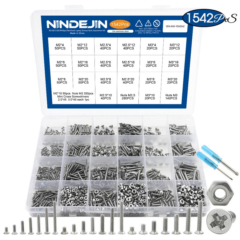 NINDEJIN Laptop Screw Set Stainless Steel M1-M5 Flat Head Phillips Machine Screw and Nut Glasses Pho