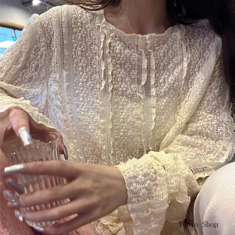 ฤดูใบไม้ร่วงและฤดูหนาวของผู้หญิงอ่อนโยนลูกไม้ขึ้นรอบคอหลวมเสื้อแขนยาว