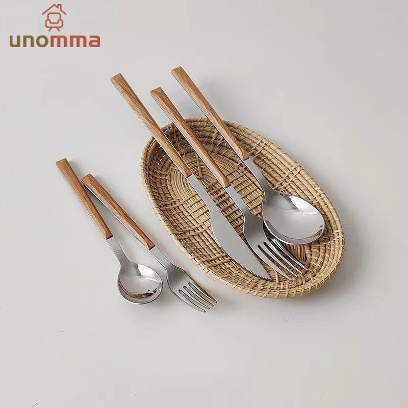 🎈ชุดช้อนส้อม ลายไม้ ช้อน ส้อม มีด สแตนเลสแท้ 304 unomma