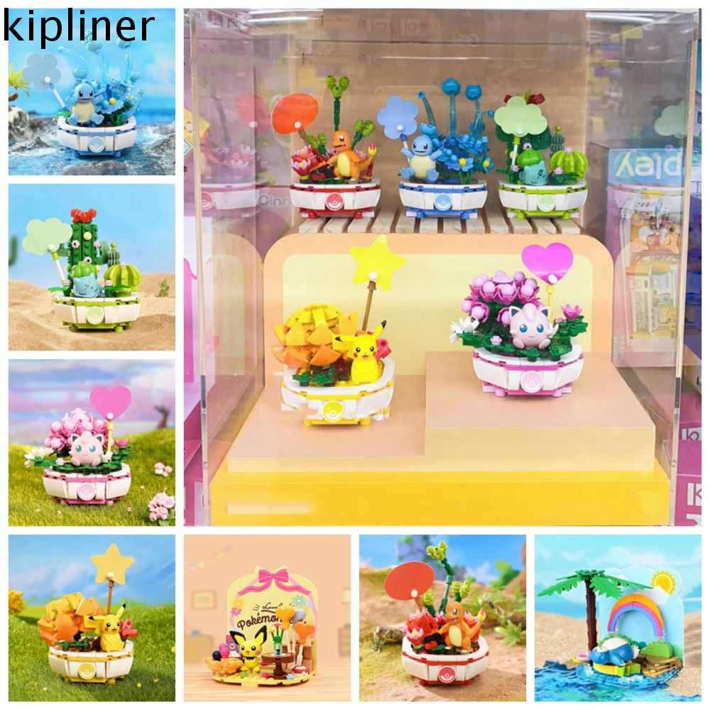 KIPLINER บล็อกตัวต่อโปเกมอน, Pikachu Charmander Pikachu Plant Potted Flower Bricks, Toy Bricks Plant