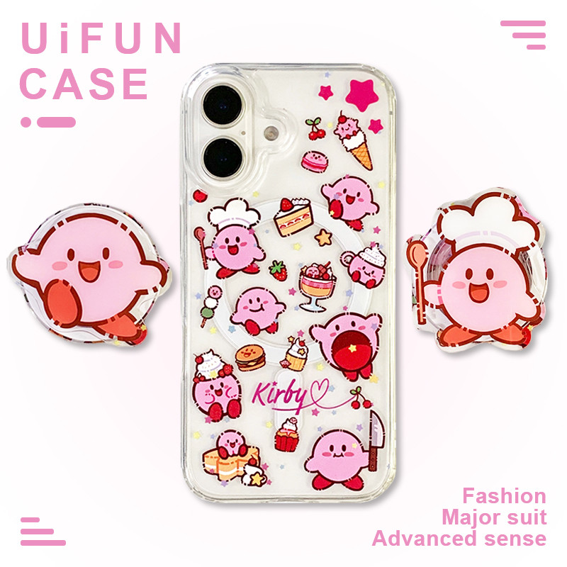 Kawaii Happy Kirby Bracket ไร้สายชาร์จอะคริลิคโทรศัพท์มือถือสําหรับ iPhone 16 15 Plus 14 13 12 Pro Max 11 15Pro กันกระแทกมือถือฝาหลัง