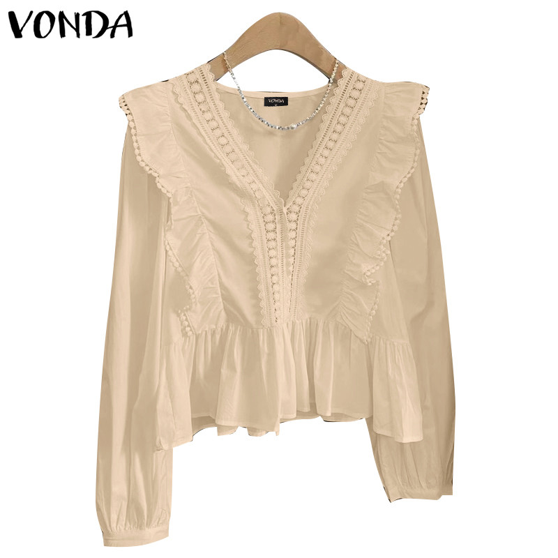 Vonda ผู้หญิงเกาหลีอารมณ์สบายๆ Patchwork V คอ Ruffle Edge เสื้อ
