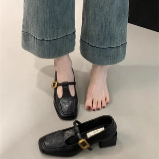 รองเท้าส้นสูงหัวเหลี่ยมส้นหนาผู้หญิงมีปากตื้น