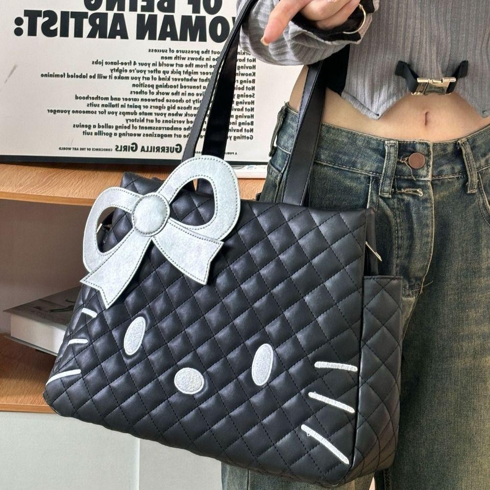 กระเป๋าสะพายแมวคิตตี้ IVORY, กระเป๋าถือการ์ตูนหนัง PU Bow, Casual Japanese Style Anime Large Capacity KT Cat Tote Bag Student