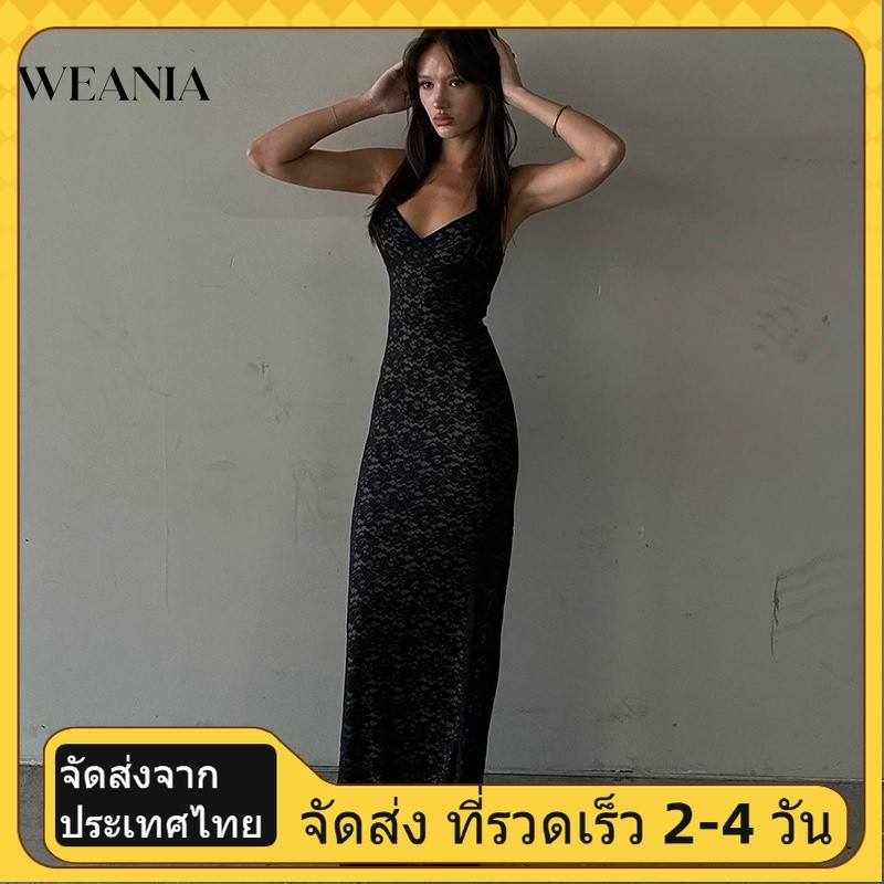 Weania ชุดเดรส คอวี ลูกไม้ สองชั้น เซ็กซี่ สําหรับผู้หญิง