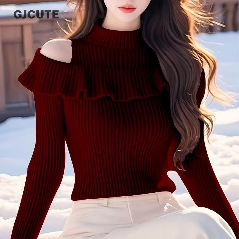 Gjcute เกาหลีครึ่งคอเต่า Ruffle Off-ไหล่แขนยาว Slim ถักเสื้อกันหนาวสําหรับผู้หญิง WTD - รูปที่ 2