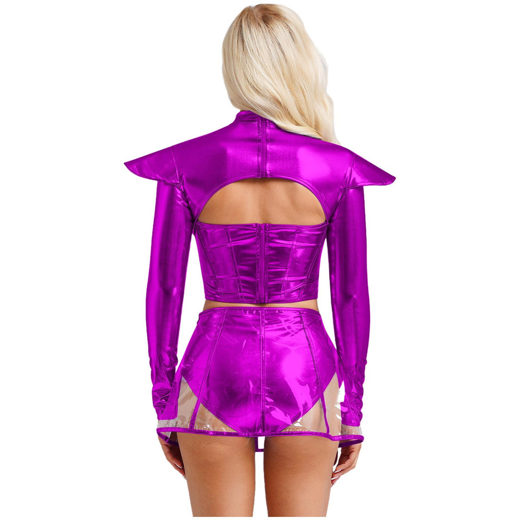 Yeahdor ผู้หญิงฮาโลวีน Alien Outsidespace เครื่องแต่งกายแขนยาว Hollow Out Cropper Top พร้อมกระโปรงโปร่งใสบทบาทเล่นเครื่องแต่งกาย Club Wear - รูปที่ 5