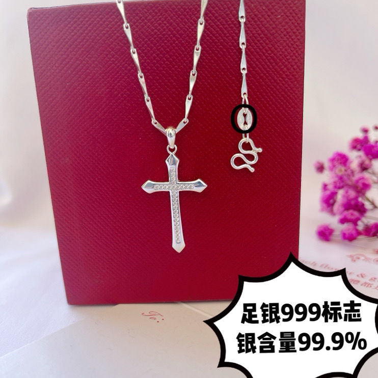 Ff999 สร้อยคอเงินหญิงโซ่กระดูกไหปลาร้าใหม่ข้ามจี้เงินบริสุทธิ์เครื่องประดับเงินของขวัญวันวาเลนไทน์สํ