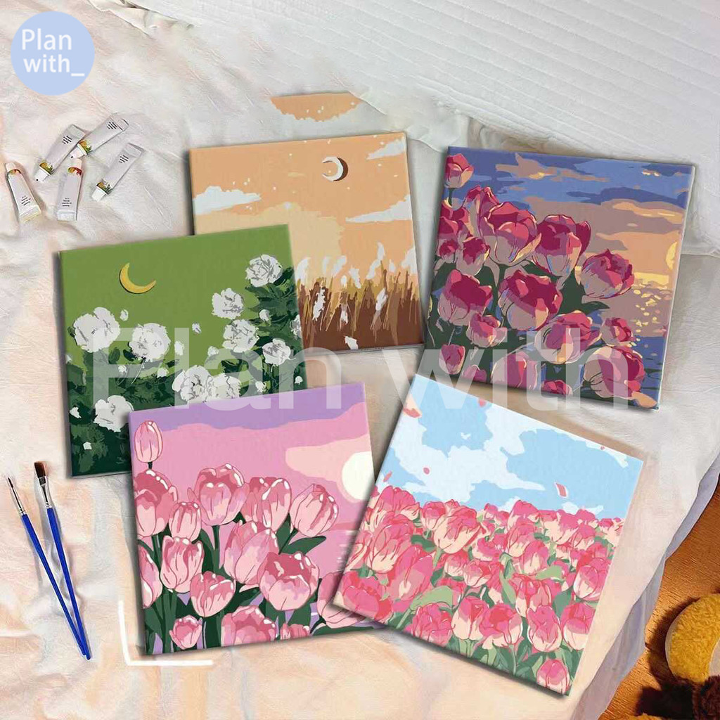 Plan with ระบายสีตามตัวเลข 20x20ซม มีเฟรม ภาพวาดตกแต่งอะคริลิก ของขวัญ DIY สำหรั