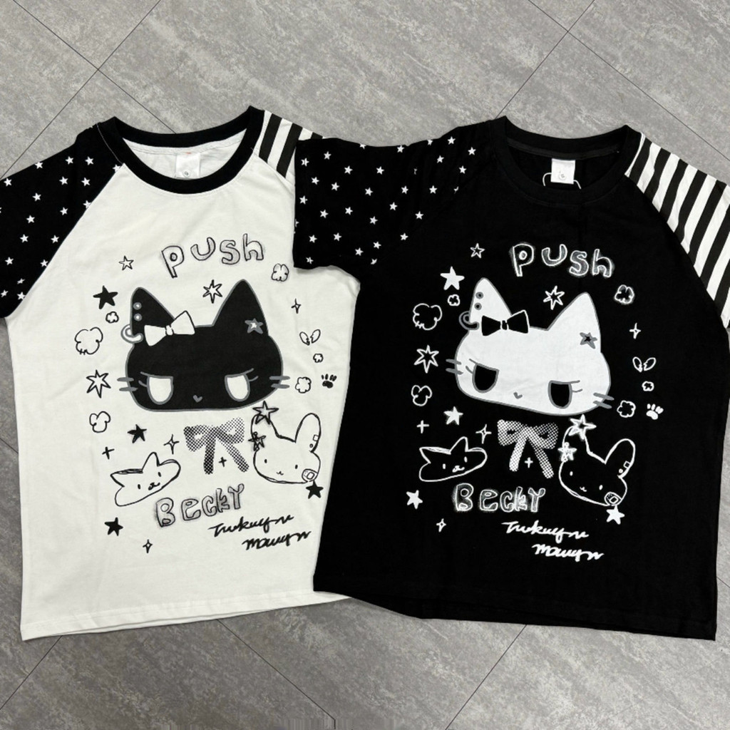 X-แขนเสื้อ ญี่ปุ่นน่ารักแมวแขนสั้นเสื้อยืดหลวมลายดาวด้านบนฤดูร้อนสไตล์ใหม่เสื้อผ้าผู้หญิงลําลอง