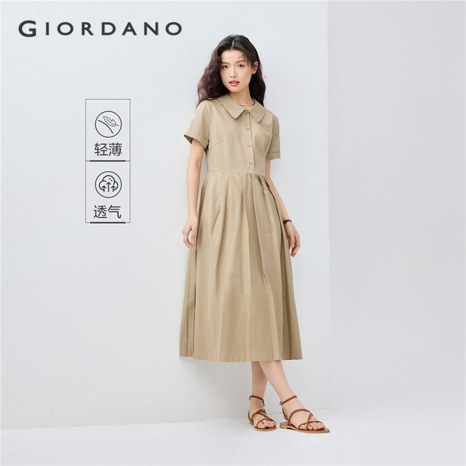 GIORDANO WOMEN 100% Cotton doll collar pleated dress 13465325