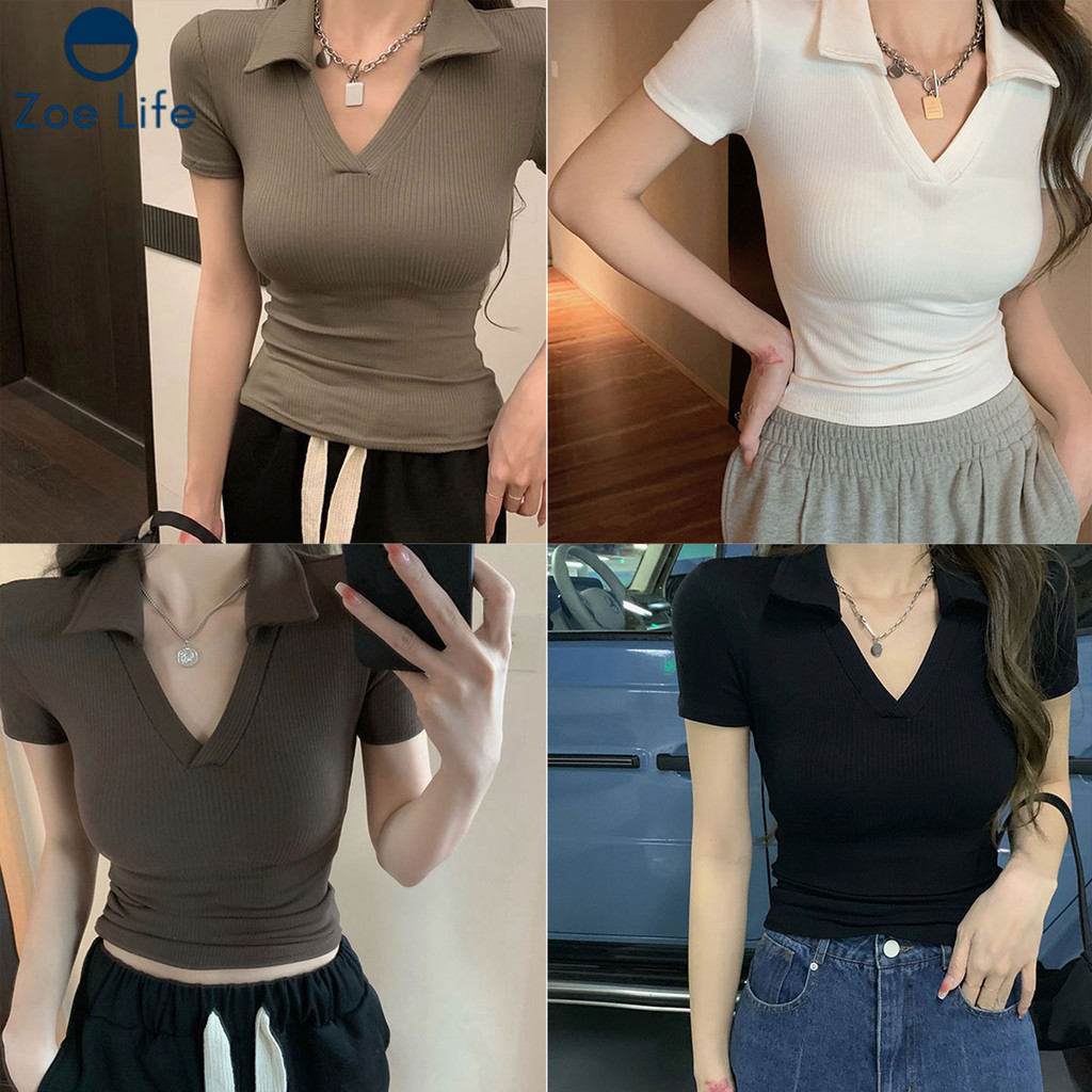 เสื้อยืดโปโลผู้หญิงคอวี สไตล์เรียบหรู ใส่ได้ทุกวัน  
