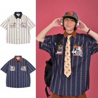 SUIKONE ซุยโคเนะ ญี่ปุ่นย้อนยุคการ์ตูนปักแนวตั้งลายเสื้อแขนสั้นฤดูร้อนผู้ชายและผู้หญิงเสื้อลําลองหลวม