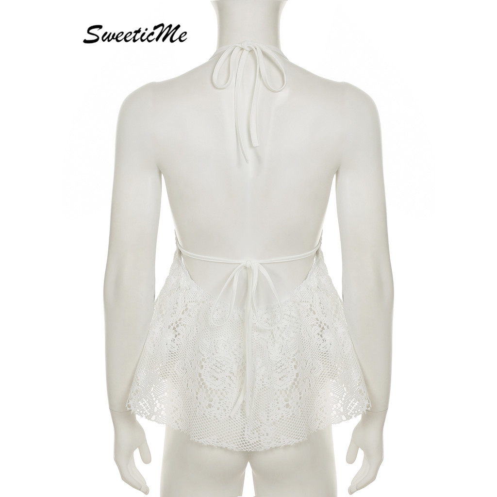 SweeticMe ผู้หญิง 2025 ใหม่แฟชั่นสีทึบคอวีวันหยุด Halter เสื้อกล้าม Camisole — صورة 8