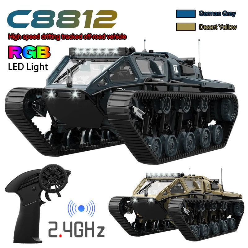 JJRC C8812 ไฟ LED Full Scale Tracked ถังจําลองของเล่น RC รถรุ่น Drift รีโมทคอนโทรล Off-Road รถเด็ก