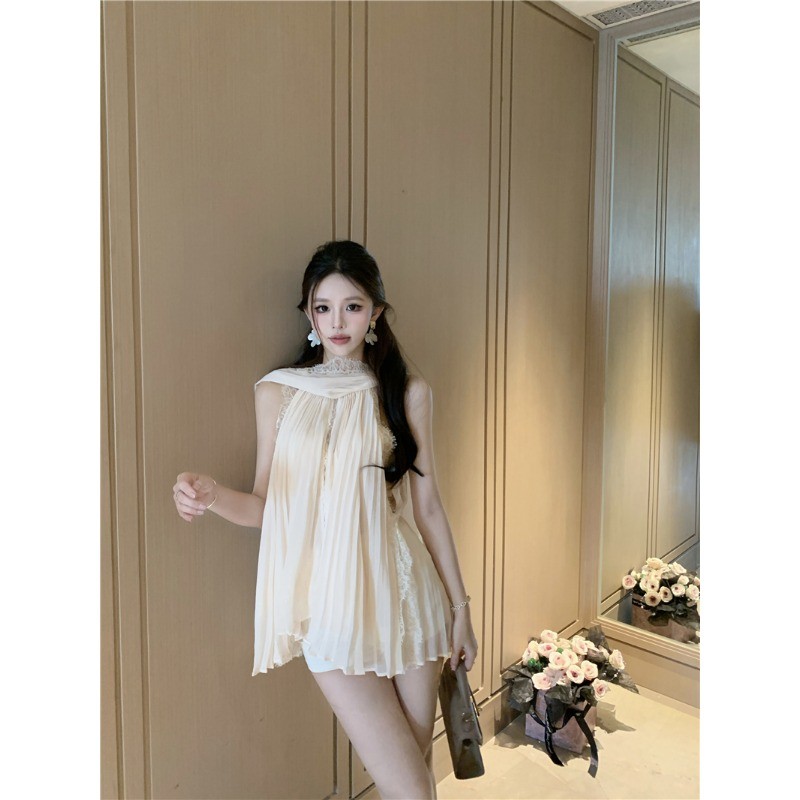 Classy Lace Stitching Streamer Halterneck Top เสื้อแขนกุดชีฟองหลวม - รูปที่ 4