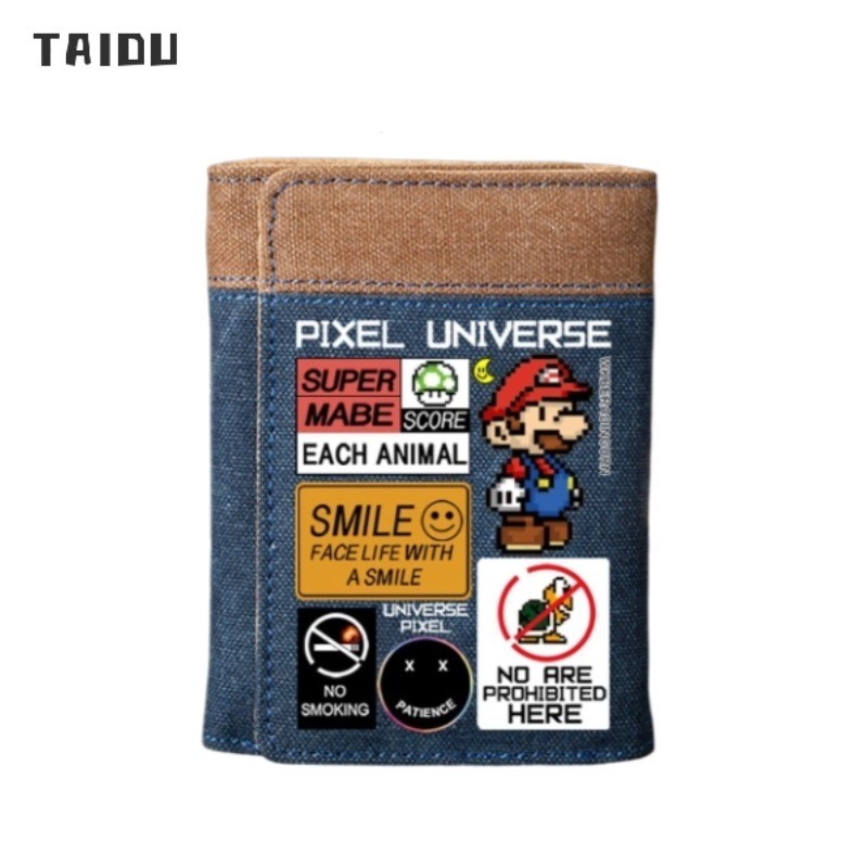 TAIDU กระเป๋าสตางค์ Super Mario สําหรับผู้ชาย – กระเป๋าสตางค์ผ้าเดนิมสามพับที่ทนทานพร้อมช่องใส่การ์ด